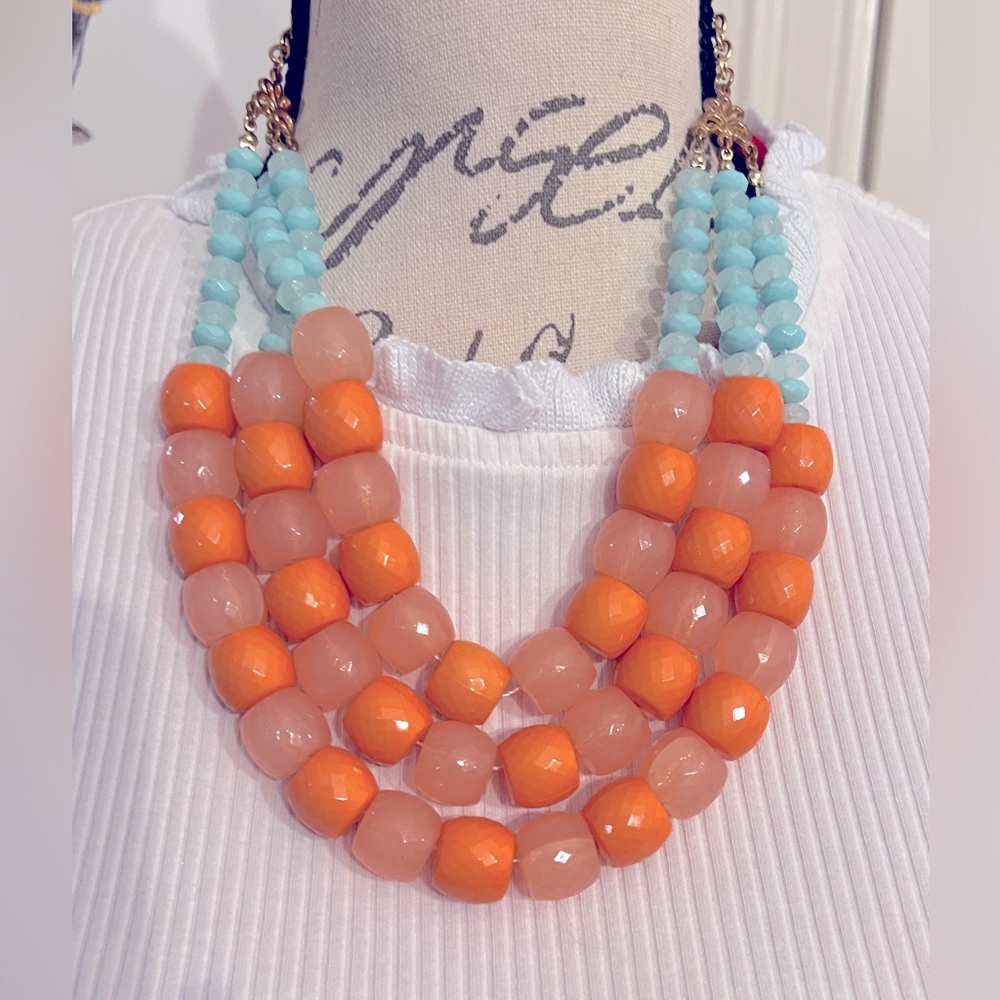 Vintage orange & and teal blue beaded necklace